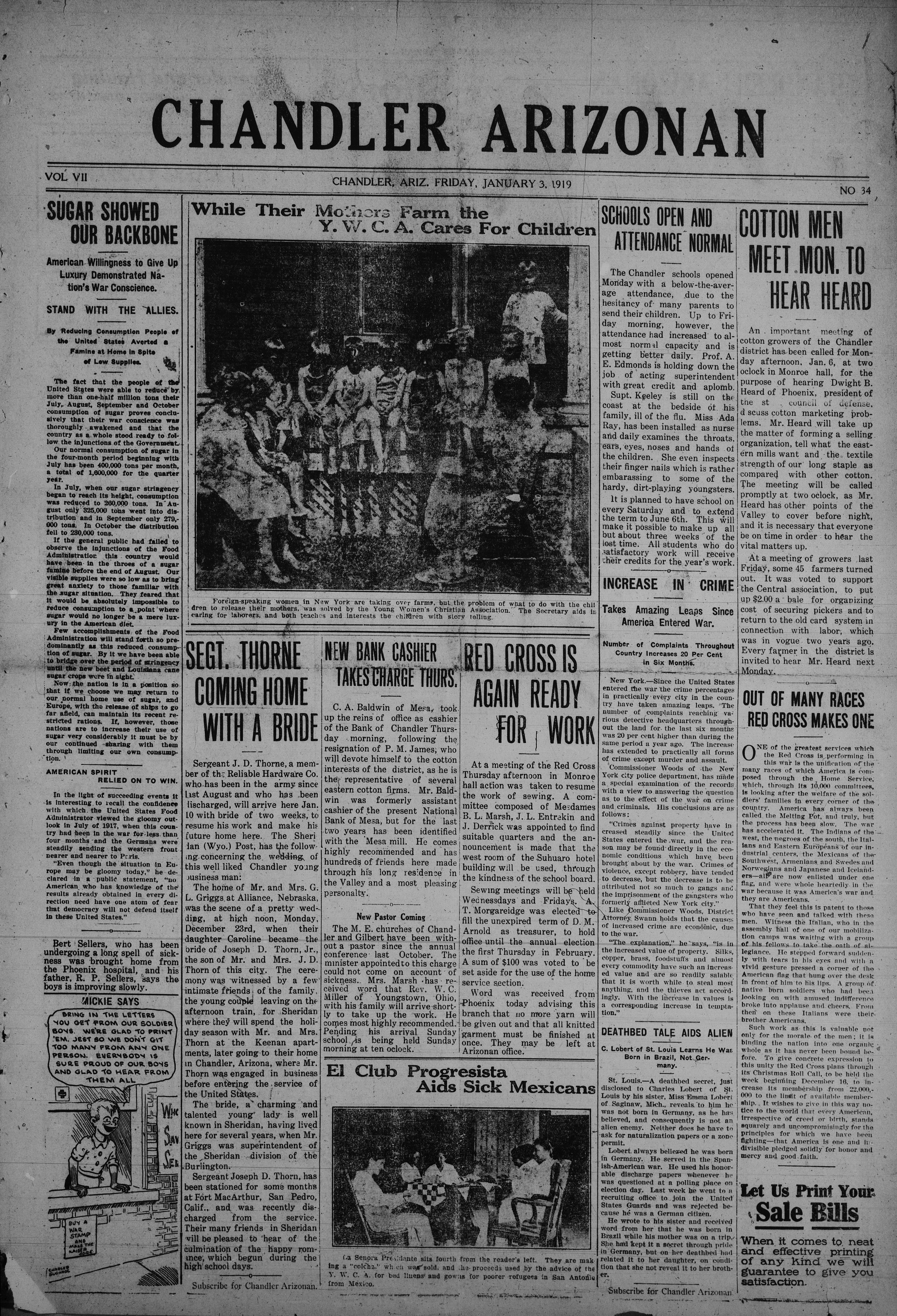 Chandler Arizonan Front Page from 01-03-1919